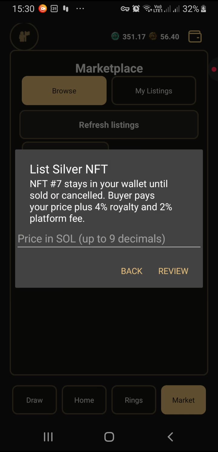 Silver NFT listing screen in the Public Alpha Marketplace